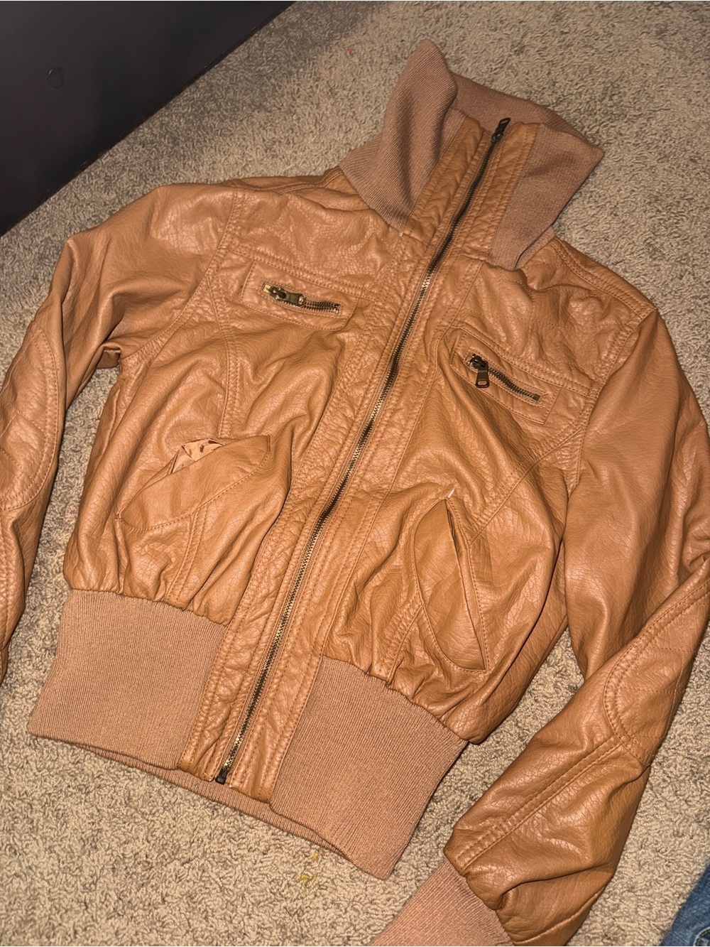 Womens’ Tan Faux Leather Bomber Jacket - Zip Front